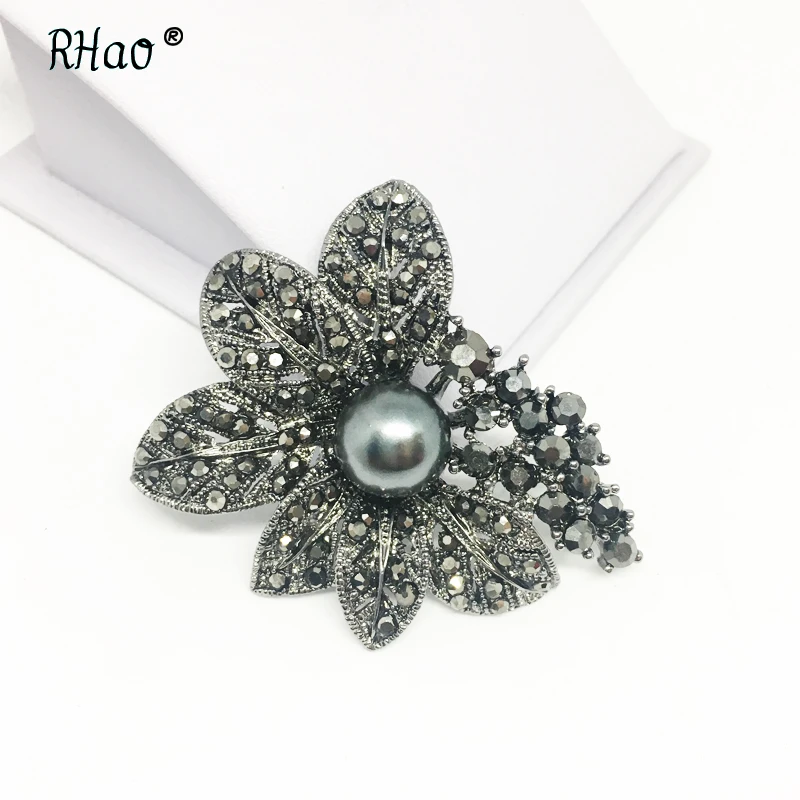 RHao, Винтажная брошь в виде цветка с черным жемчугом и кристаллами, булавки для женщин, зимнее пальто, свитер, ювелирное изделие, аксессуары, заколки для хиджаба, мужской корсаж для костюма