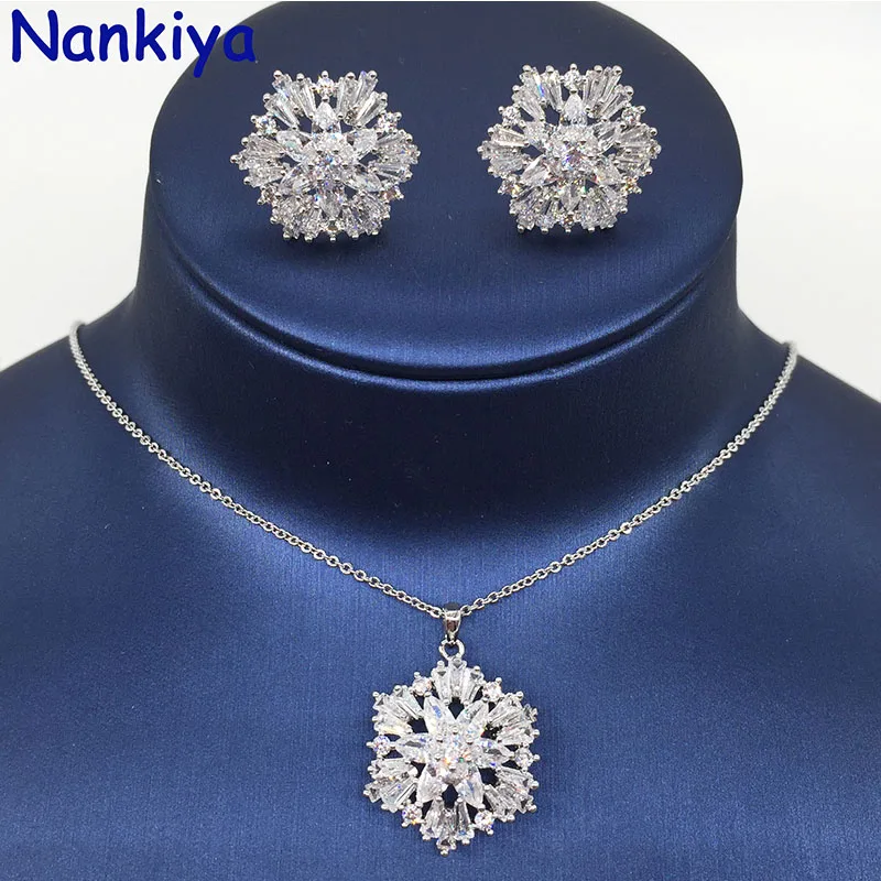 white gold Nankiya мигающий AAA кубический циркон цветок Снежинка модный набор украшений для женщин аксессуар для свадебного платья заводская цена NC443 - Окраска металла: white gold