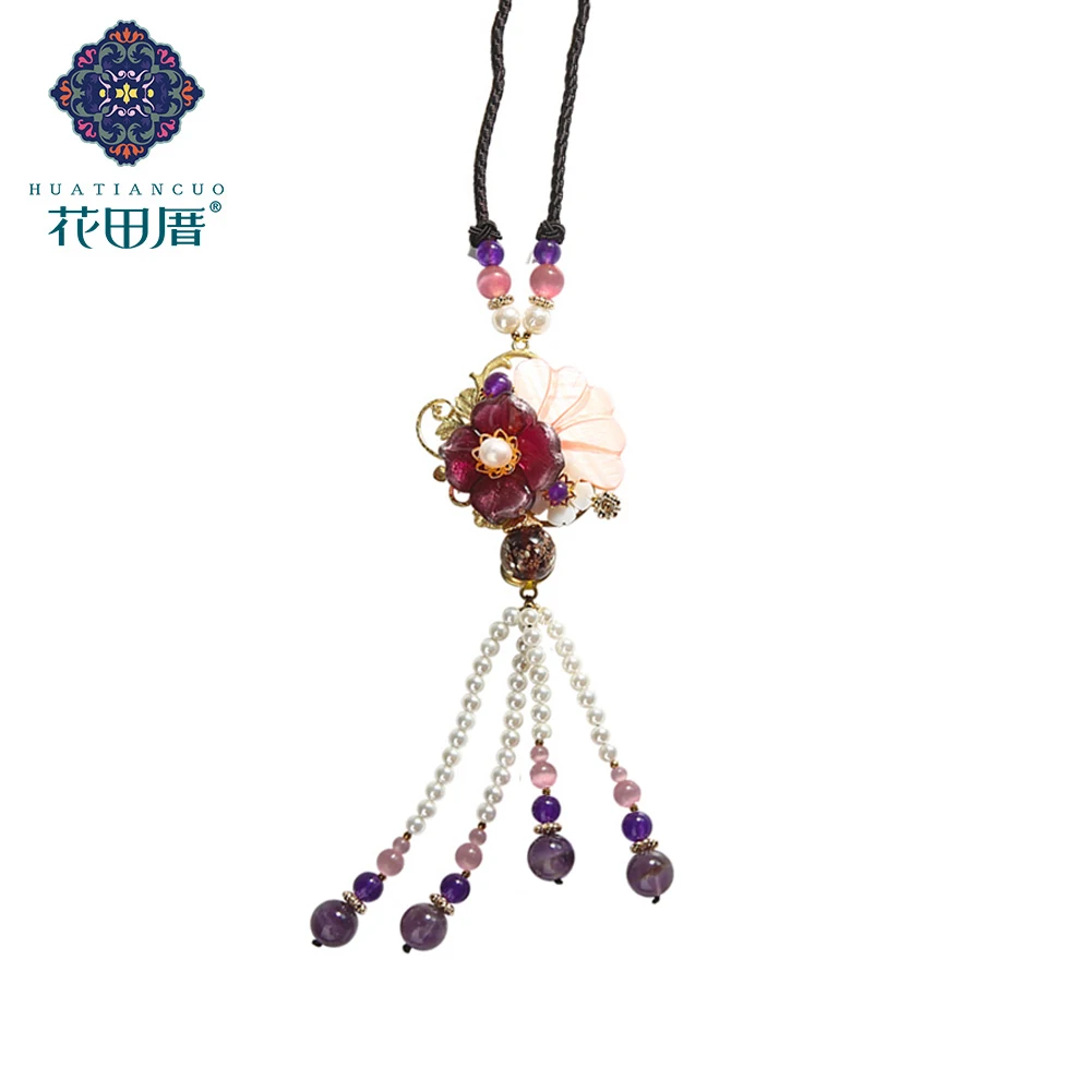 

Cute/Romantic Handmade Tassel Pendant Necklace Colored Glass Bead Flower Purple Crystal Shell Rope Chain Woman Jewelry CL-18110