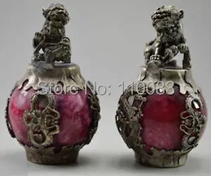 Винтажный чайник ручной работы для китайского Восточного декора, старинный нефрит и тибетский серебряный Килин, дракон, Феникс, пара статуй, оптовая продажа, наборы из 2 шт.