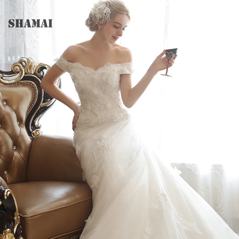 SHAMAI Elegant Bride Dress 2018 New Wedding Dresses Off Shoulder Lace Appliques Sequined Beaded Gowns Robe De Mariage | Свадьбы и