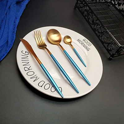 light blue gold 4pcs Лучший 4 шт. розовый цвет золотистый набор посуды 304 Нержавеющая сталь столовые приборы, для кухни Еда посуда фуршетов couteaux cuilleres набор - Цвет: light blue gold 4pcs