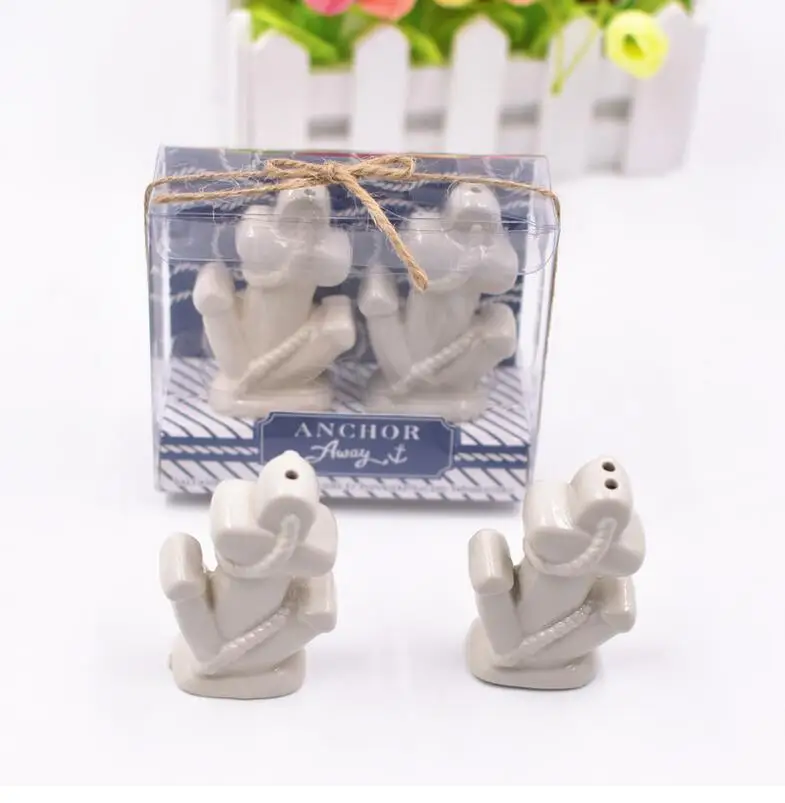 

200pcs(100sets)/LOT "Anchors Away" Ceramic Anchor Salt and Pepper Shakers Ocean Themed Wedding Favors Gifts For Guest