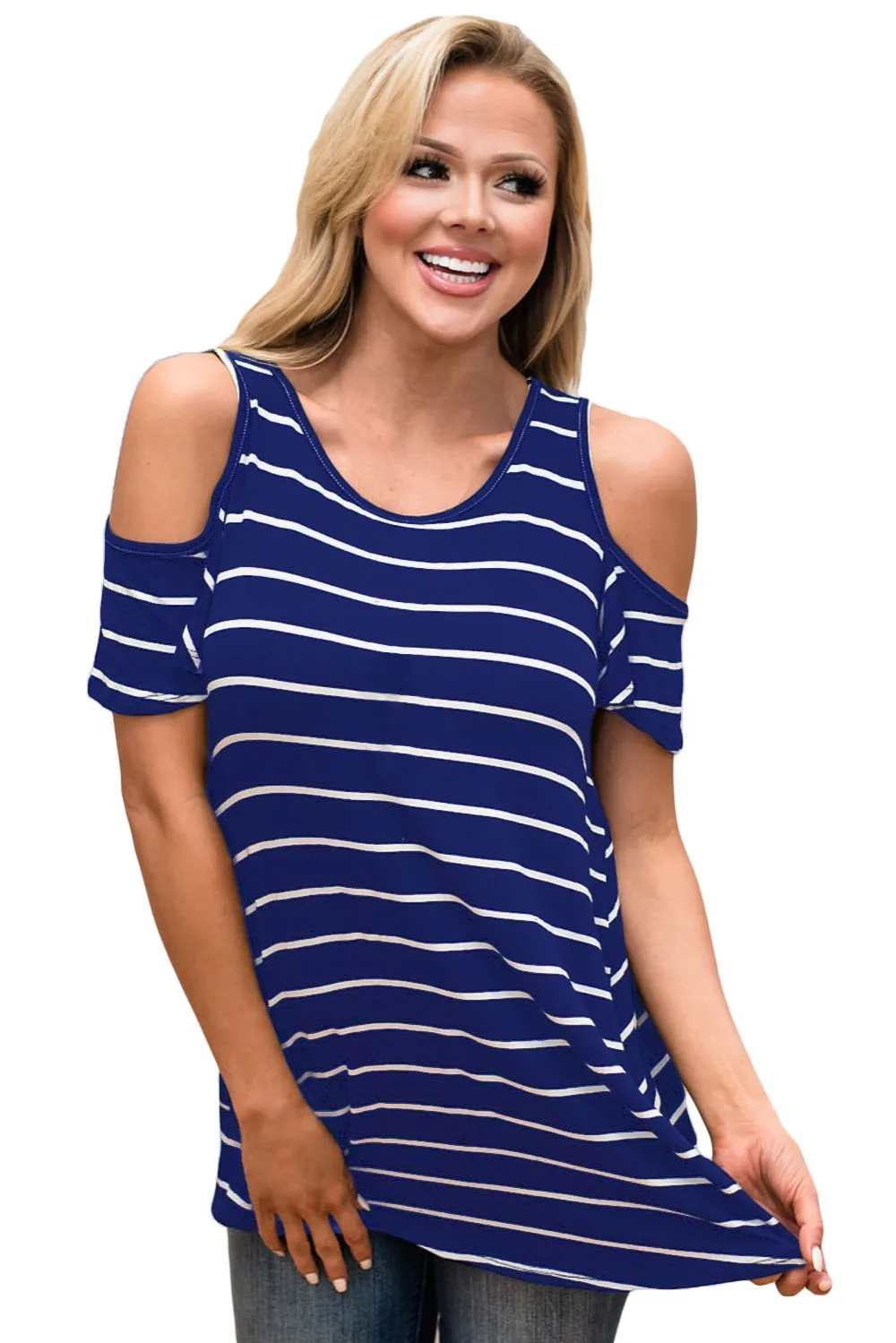 2018 New Arrival Summer Women's Casual Short Sleeve O-Neck White Black Stripe Cold Shoulder Top LGY250192 | Женская одежда
