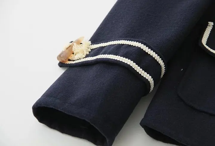 High quality women horn button sweet preppy style woolen Jackets winter female navy Japan student Teens blue coat | Женская одежда