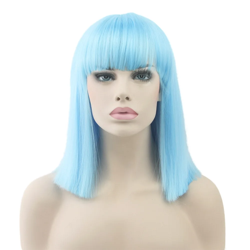 Light Blue Ваш стиль ваш стиль 9 цветов Длинные прямые парики с челкой черный красный синий серый белый розовый синтетическое высокотемпературное волокно - Цвет: Light Blue