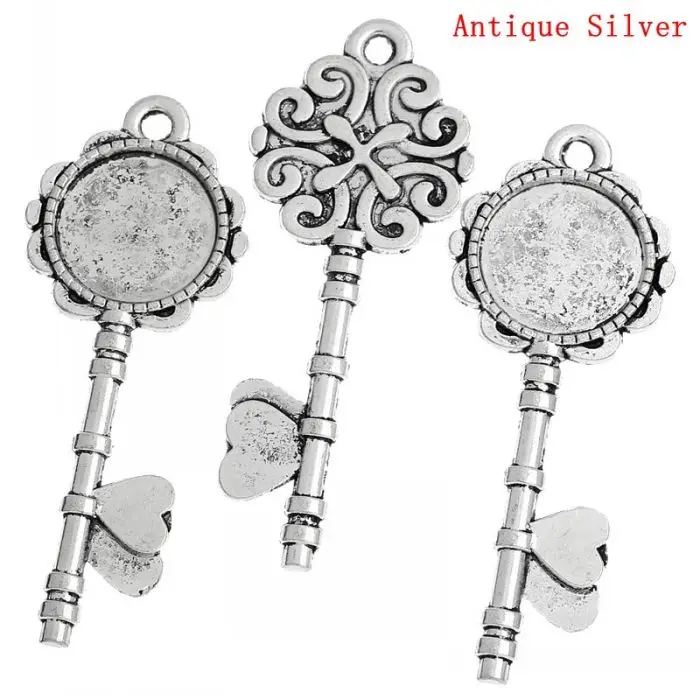 

DoreenBeads Charm Pendants Key Silver Color Heart & Flower Pattern Carved Cabochon Setting(Fit 20mm Dia)7.3cm x 2.9cm,20PCs