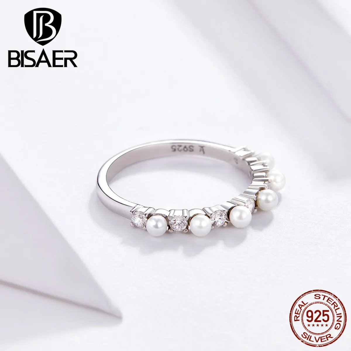 BISAER, простое кольцо, 925 пробы, серебро, простая жизнь, Пресноводный Жемчуг, кольца на палец для женщин, свадебное, обручальное, ювелирное изделие EFR039