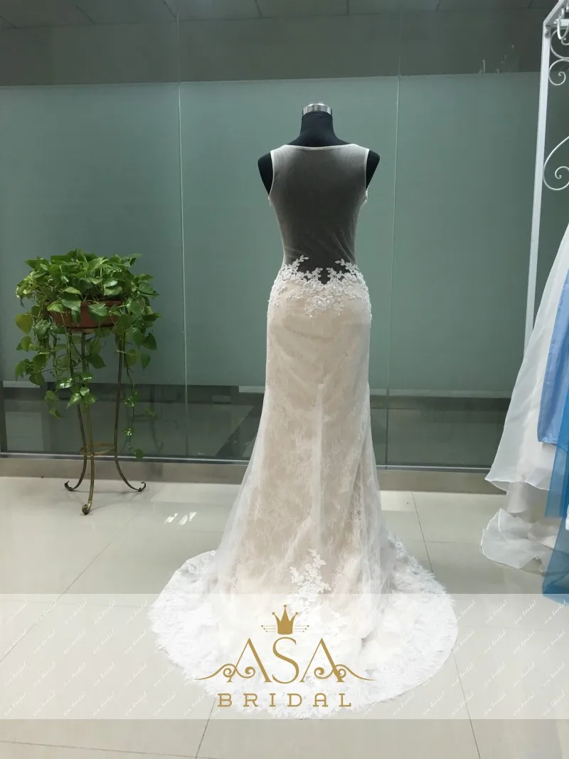 Реальные фотографии прозрачные аппликации совок шеи кружева свадебное платье