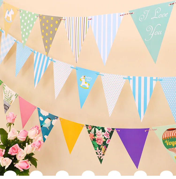 Triangle pull flag hanging ornaments Children's Day birthday party decoration creative cartoon flower banner | Дом и сад