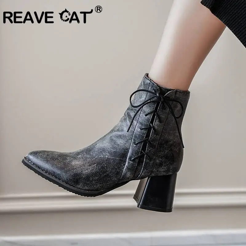 Женские ботильоны с острым носком REAVE CAT зимние полусапожки в стиле ретро на