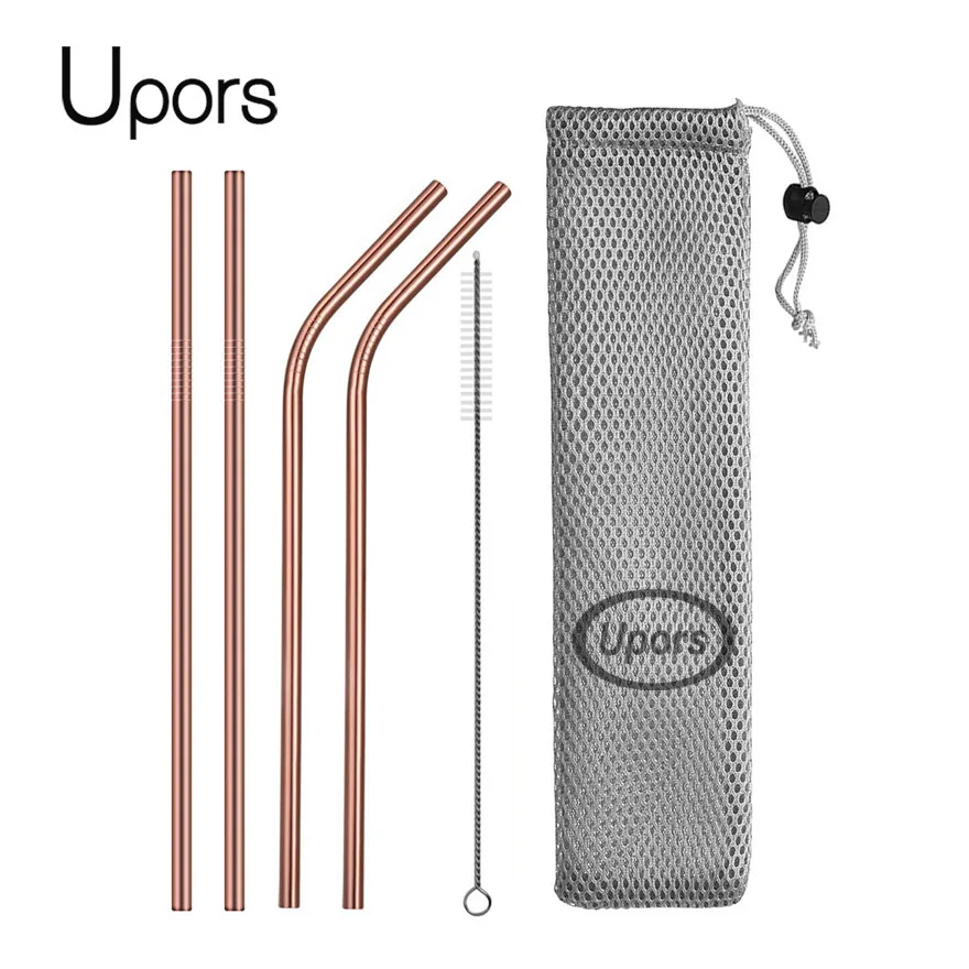 Rose gold with bag UPORS многоразовый металлический питьевой соломы 304 соломинки из нержавеющей стали прямо согнуты питьевой соломы с чистильщиком косметичка - Цвет: Rose gold with bag