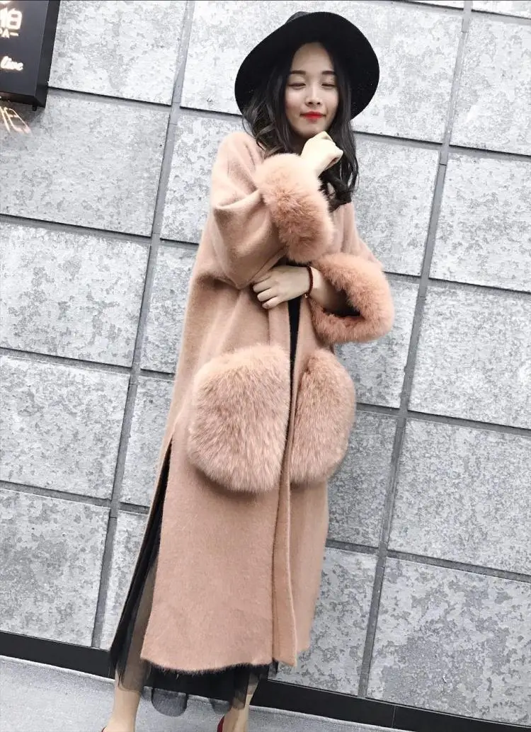 TVVOVVIN new autumn and winter clothes woolen knitting cardigan fur big pockets loose long women coat R070