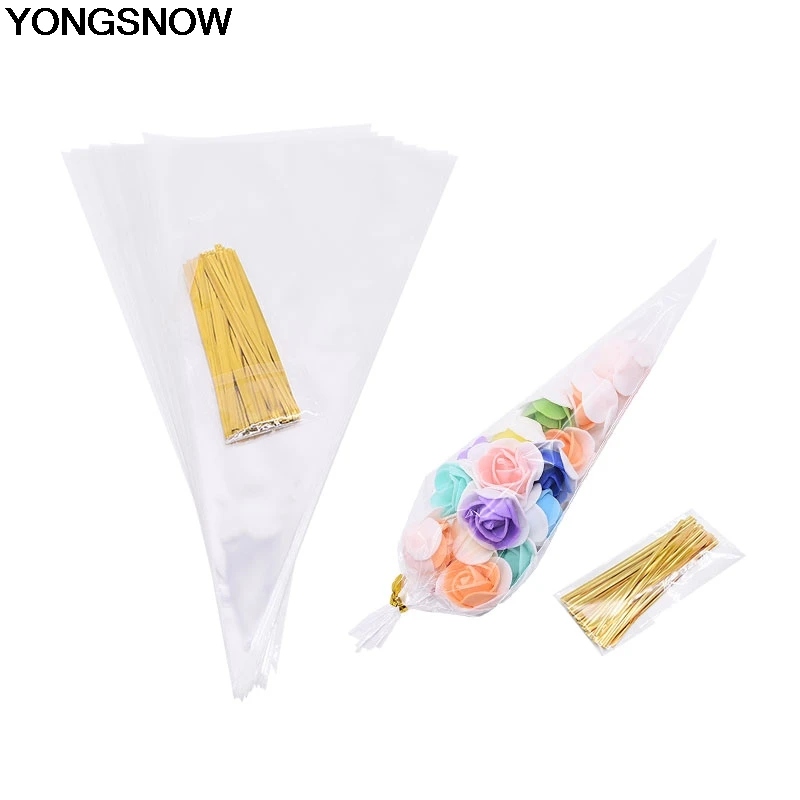 

50Pcs/Set Transparent Cone Candy Bag DIY Wedding Birthday Party Sweet Cellophane Organza Pouches Decoration Food Storage Bags