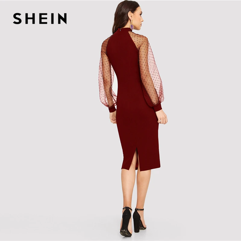 SHEIN вечерние облегающее платье-карандаш черного или синего цвета с жаккардовым контрастным Сетчатое платье-фонарь с рукавом Весенние Женские однотонные платья с длинным рукавом