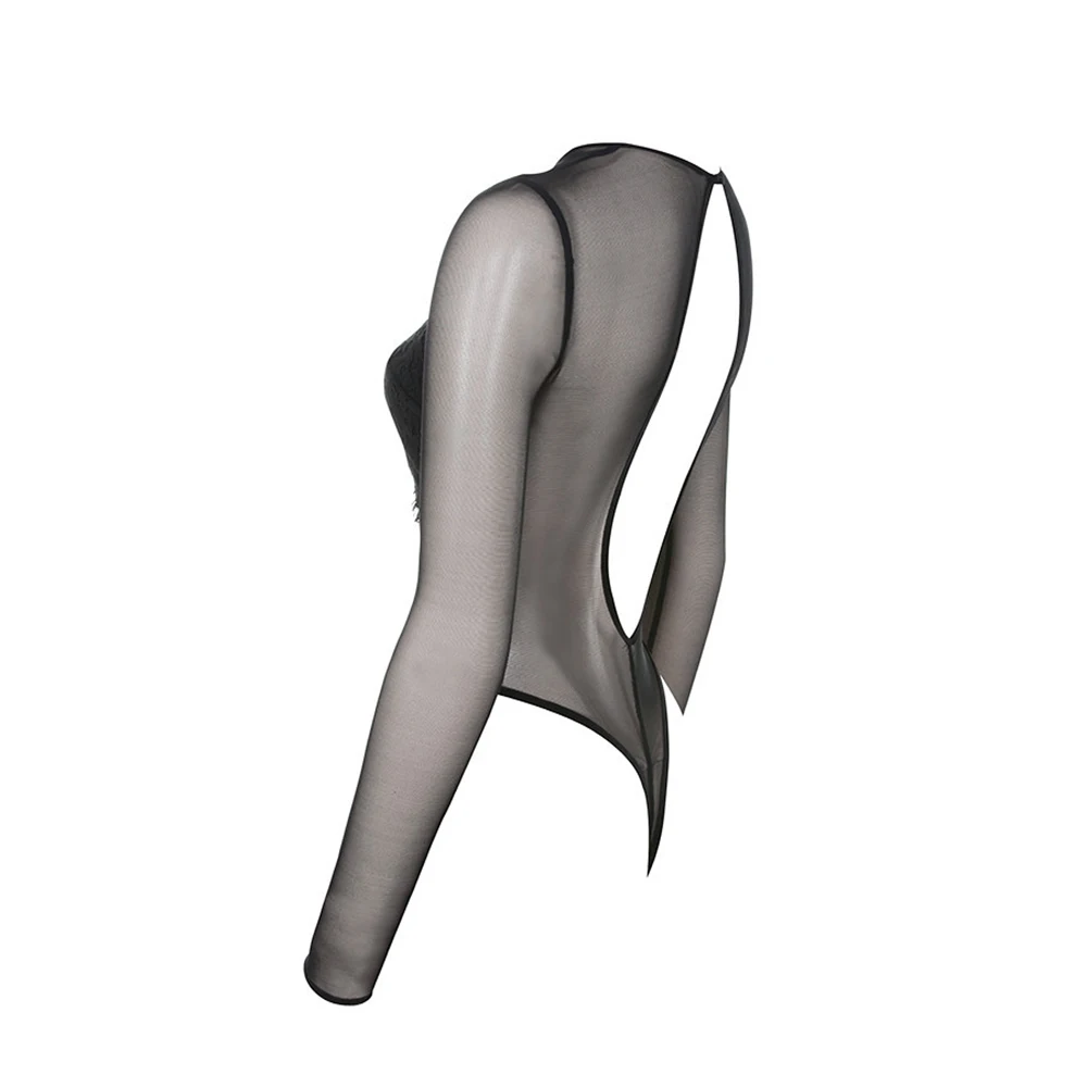 Gothic Women Sexy Bodysuit Black Transparent Long Sleeves O Neck Mesh Bodysuit One Piece Jumpsuit Party Women Clothes
