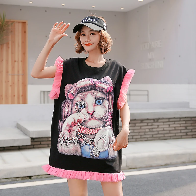 Женская футболка с коротким рукавом Tide брендовая свободная рисунком кота