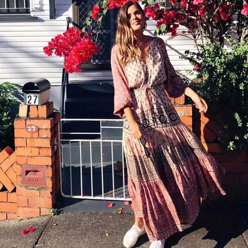 BOHO INSPIRED rayon богемное Цветочное платье с длинным рукавом кулиской на талии длинное