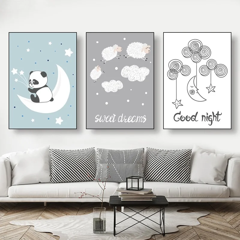 

Nordic Art Cartoon Animal Cute Sheep Panda Poster Star Moon Quotes Good Night Painting Wall Canvas Printing Kids Room Decoration