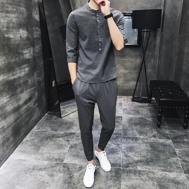 Deep Gray Sets Мужские повседневные комплекты, весенний спортивный костюм, Мужская футболка с рукавом 3/4, короткие штаны, повседневные спортивные костюмы, мужские льняные комплекты, Лоскутная Верхняя одежда - Цвет: Deep Gray Sets
