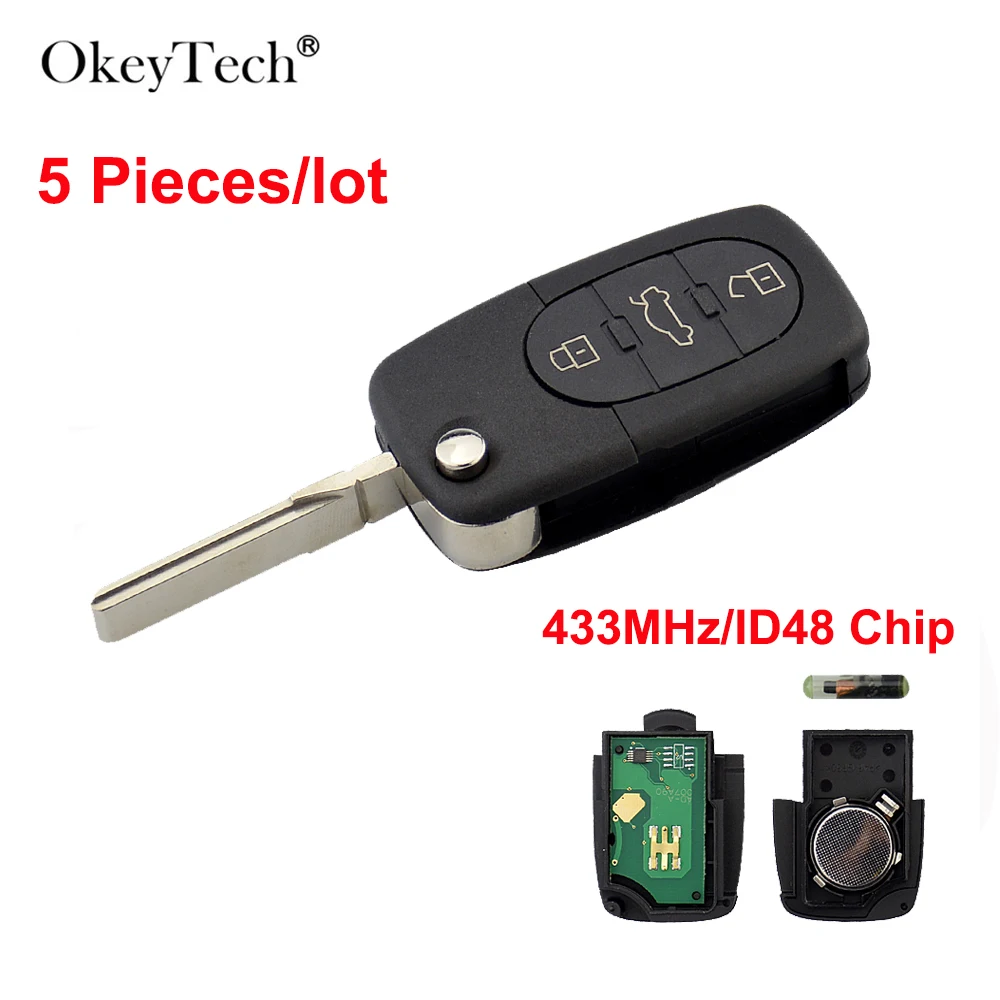 

OkeyTech 5 шт. 3 кнопки 433,92 МГц ID48 пульт дистанционного управления автомобильный ключ для модели Audi A3 A4 A6 A8 Чип транспондера 4D0837231A раскладной ключ