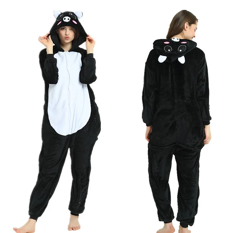 Adults Pajamas Women Flannel Sleepwear Unisex Cute Pig Cartoon Animal Pajama Set Hooded Pyjamas Kigurumi