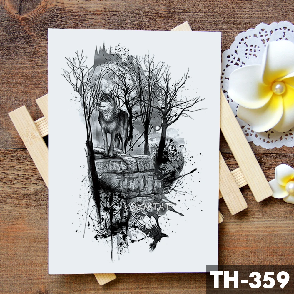 

Tribal Wolf Moon Pine Tree Temporary Tattoo Sticker Fox Waterproof Tattoos Forest Body Art Arm Fake Tatoo Men Women