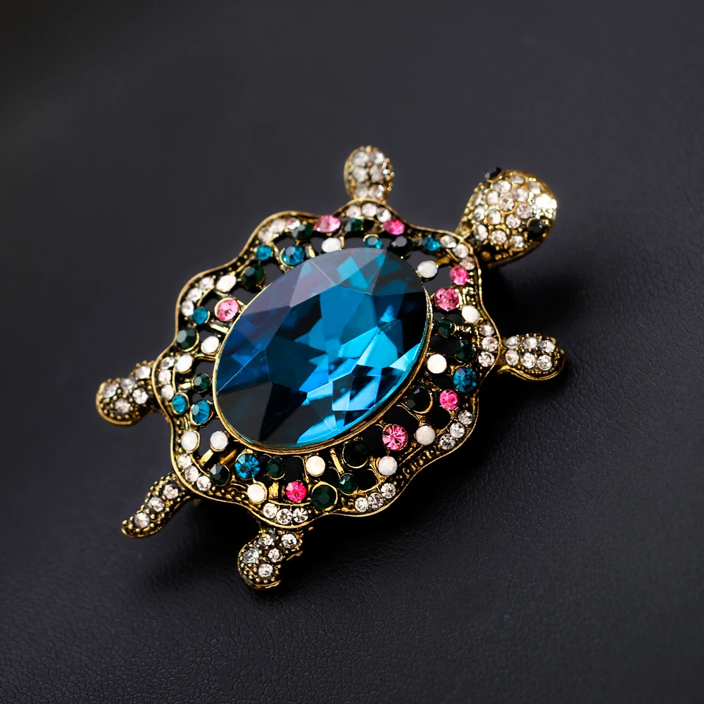 Fashion Blue Glass Rhinestone Tortoise Brooches Women Men Metal Animal Gold Color Brooch Pins Banquet Broche Gift Scarf Buckle | Украшения