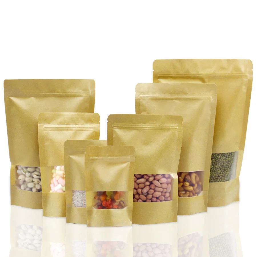 

High Quality 100pcs Tear Notch Kraft Stand Up Zip Lock Pouches Food Coffee Bean Storage Bags Brown Kraft Paper Bags with Window