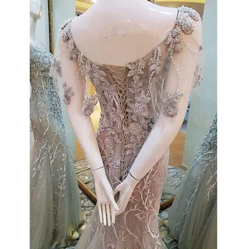 Женское вечернее платье без рукавов AOLANES серое винтажное из фатина с кружевной