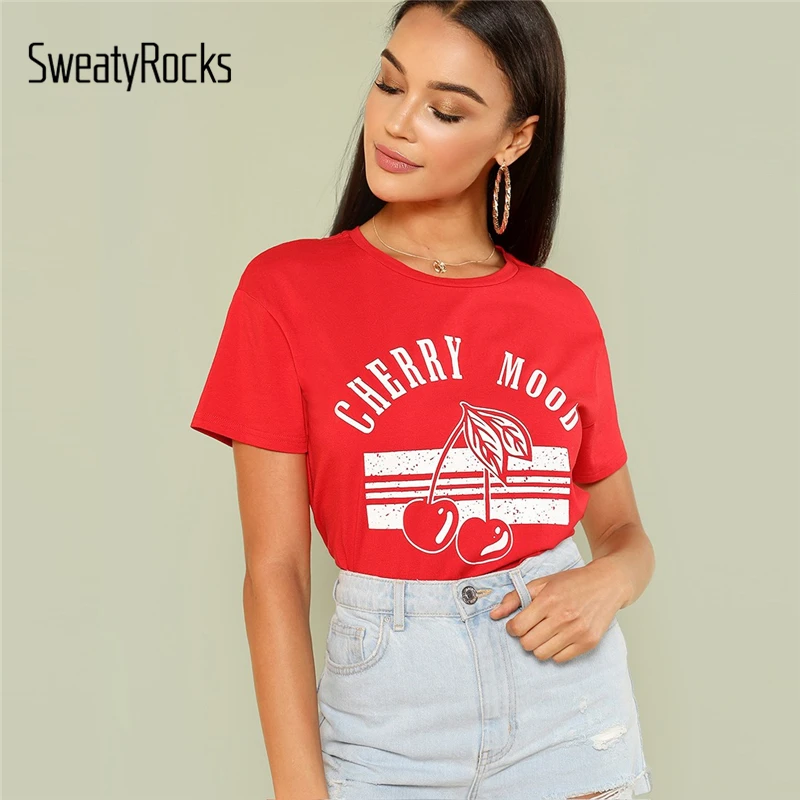 SweatyRocks неоновая Красная футболка с буквенным принтом Уличная Повседневная Женская футболка с коротким рукавом и топы летняя модная базовая футболка
