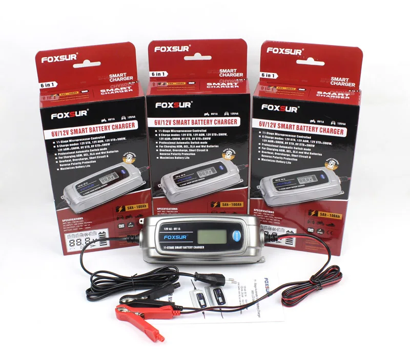 FOXSUR 12V 4A 6V 1A 11-stage умное зарядное устройство, 6V 12V EFB гель AGM влажное автомобильное зарядное устройство с ЖК-дисплеем и Desulfator