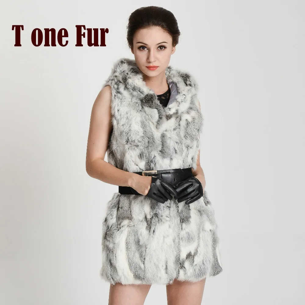 Женский жилет из натурального кроличьего меха зимний теплый с капюшоном