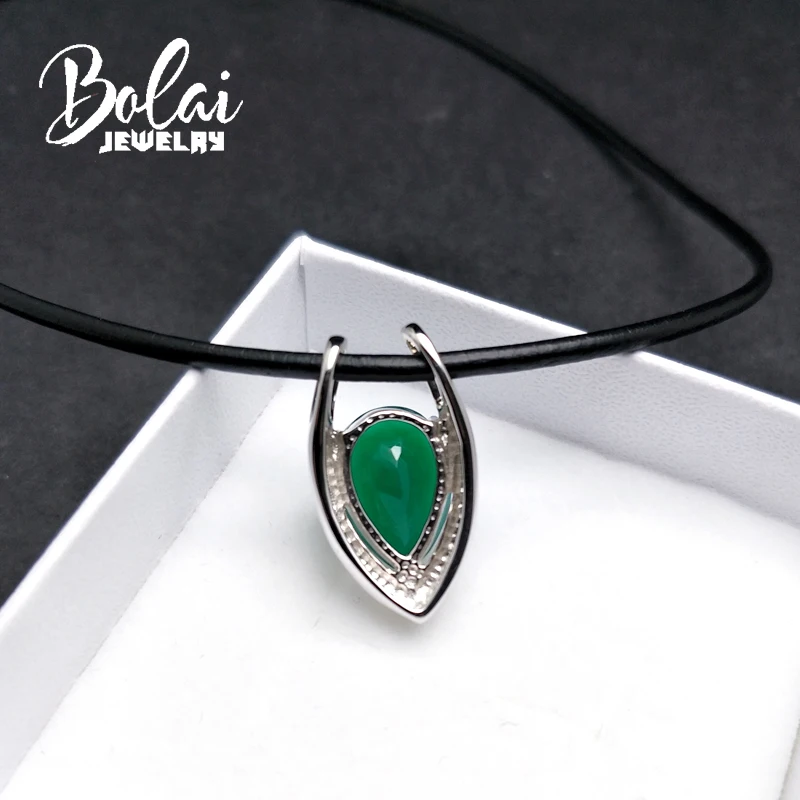 Bolaijewelry, серебро 925 пробы с натуральным зеленый агат, натуральный камень, ожерелье с кулоном с кожаным аккордом, хорошее ювелирное изделие для женщин