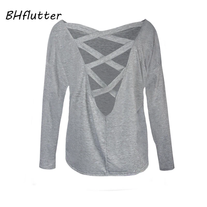 Женская футболка BHflutter серая с длинным рукавом и открытой спиной Осень зима