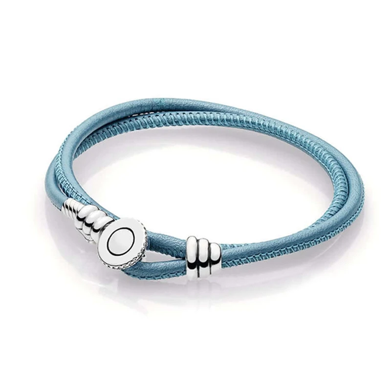 QANDOCCI 925 пробы Серебряный двойной кожаный браслет прозрачный CZ Diy оригинальный