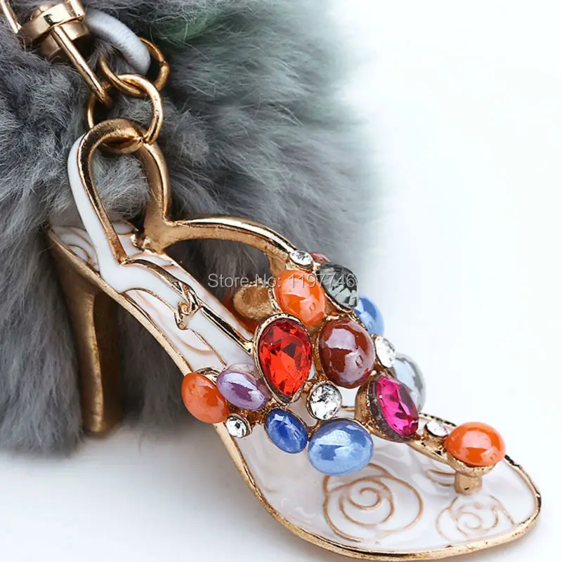 9 Colors Big 8cm Rabbit Soft Fur Ball Pom Keyring Keyfob Colorful Crystal Rhinestone High Heel Shoe Pendant Key Chain | Украшения и