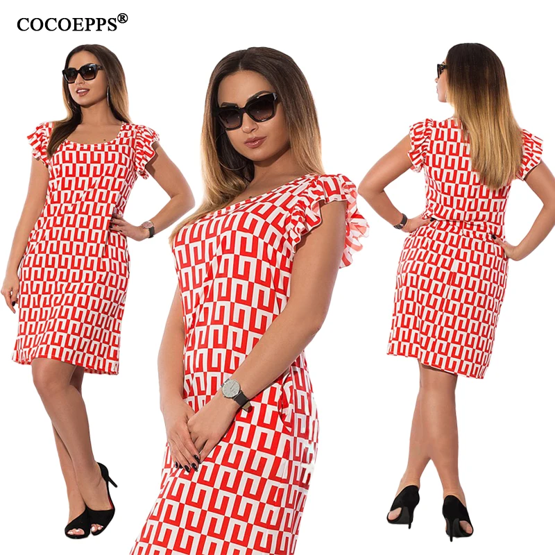 COCOEPPS Новый Геометрические печати женское платье 2019 Лето Размеры оборками Femme