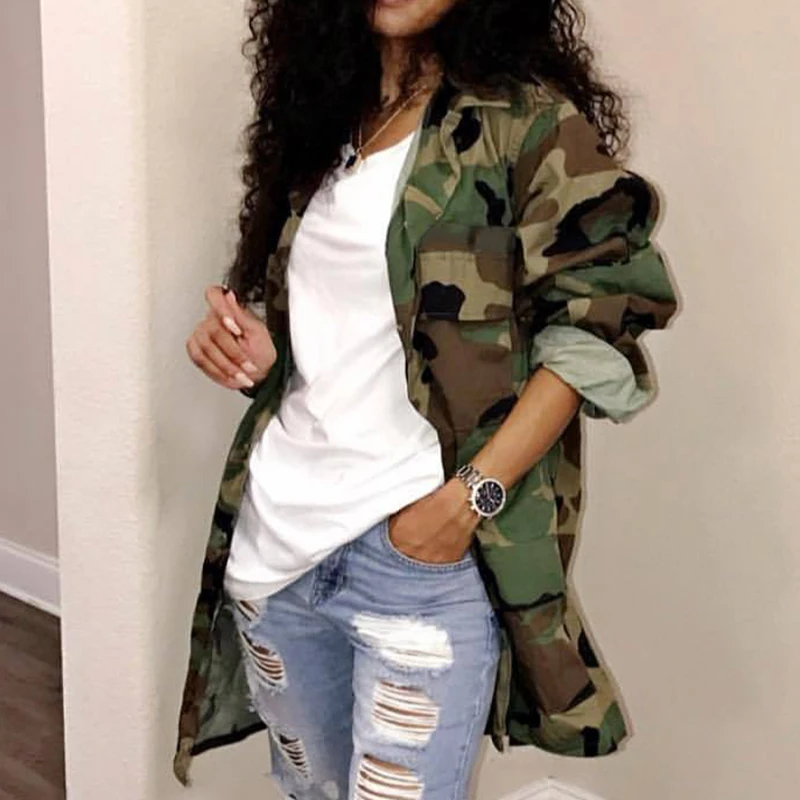 Новая Сексуальная женская рубашка с длинным рукавом камуфляжная Повседневная