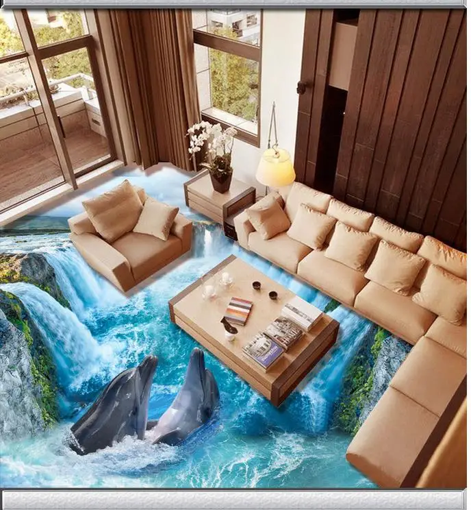 3D обои из ПВХ с изображением водопада дельфина гостиной кухни|painting wallpaper|3d floor