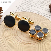 hot sale black enamel round cufflinks tuxedo studs sets high quality gold color plated mens jewelry business wedding cuff links