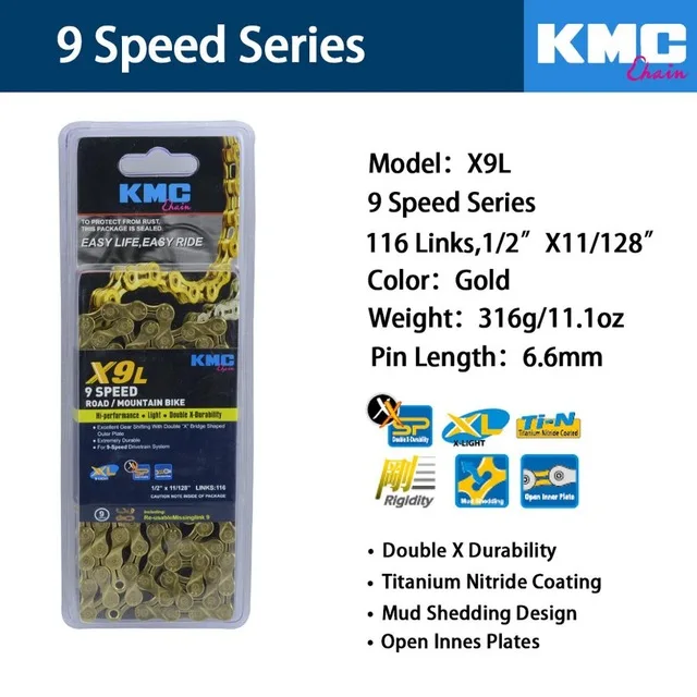 Цепь KMC X8 X9 X10 X10 EPT X9L X10L X11LBike 9S 10S 11S Gold для MTB/шоссейного велосипеда fo Shimano/SRAM 8 9 10 11 speed 116L/цепной велосипед - Цвет: X9L-GOLD