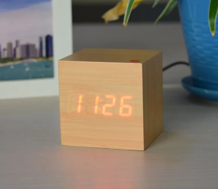 Mini Cube Wooden Clock Voice Control Electronic Table Clock LED Digital Desk Watch Nixie Radio For Children Bedside Alarm Clock