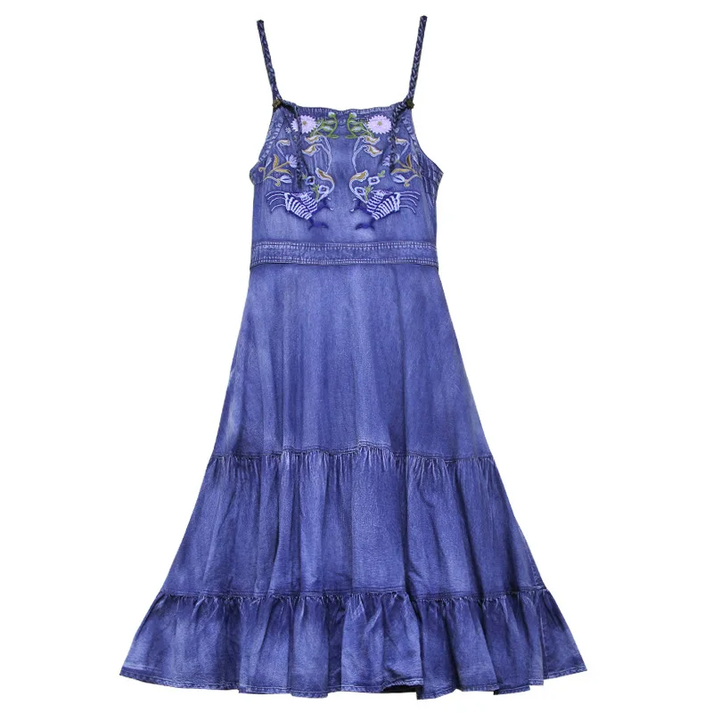 

Women dress Summer New sweet office lady sling denim Dress vintage Floral embroidered denims dresses female elegant Dress