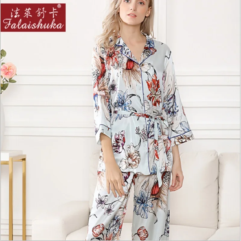 100% Silk Stain Pajamas Set Women Summer 2019 Flower print sleepwear sets night wear homewear long sleeve tops and pants set