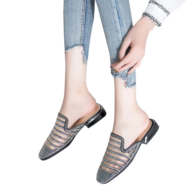 Parkside Wind Ladies Slippers Striped Flat With Crystal Mules Shoes Outside Mesh Women Slides Footwear XWA1821-5 | Обувь