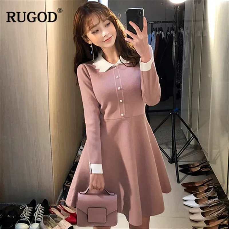 RUGOD элегантное офисное женское платье Weaing туника с длинными рукавами и