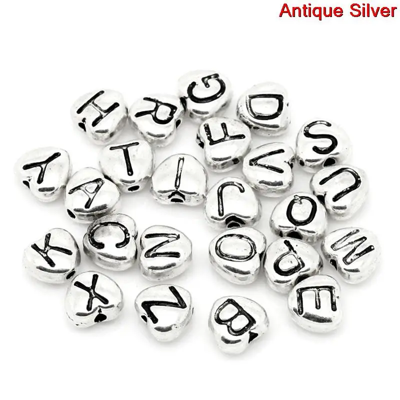 Zinc metal alloy Spacer Beads Heart silver color Letter Pattern At Random About 8mm x 7mm Hole:Approx 1.6mm 10 PCs new | Украшения и