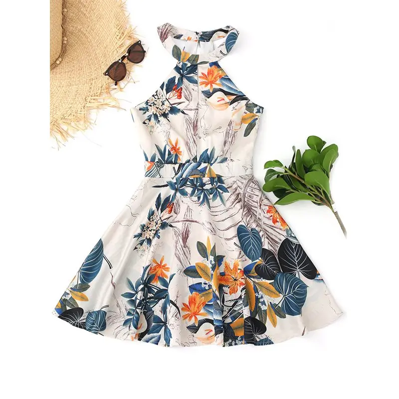Короткое платье с цветочным принтом для девушек в стиле бохо с галтерной линией и без рукавов, спинка открыта, ретро-стиль, линия А, летние пляжные платья.
