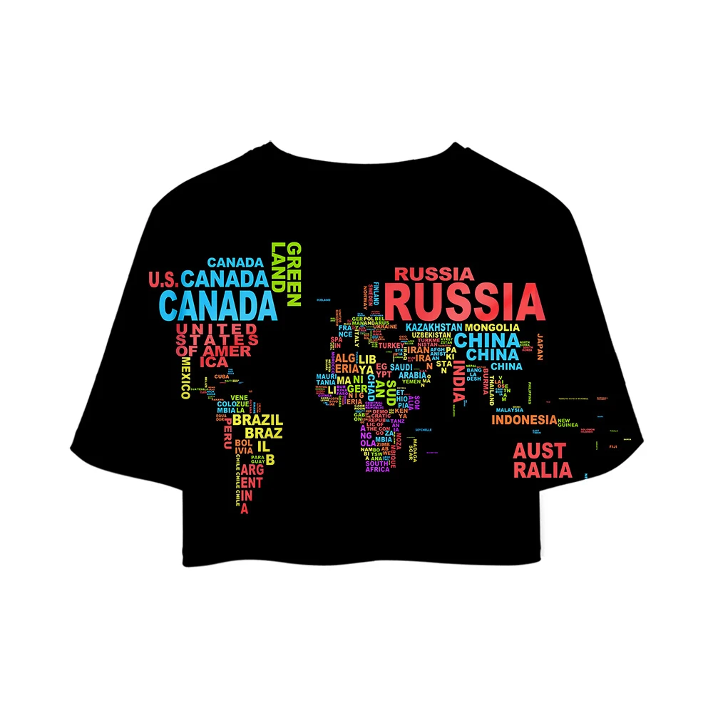 Женская футболка с принтом карты мира 3D в стиле Харадзюку короткий топ для